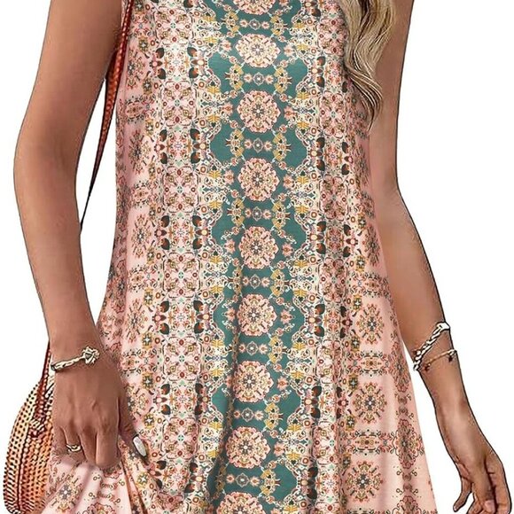 Summer Dresses for Women Beach Boho Sleeveless Vintage Floral Flowy Pocket Tshir - Picture 1 of 6